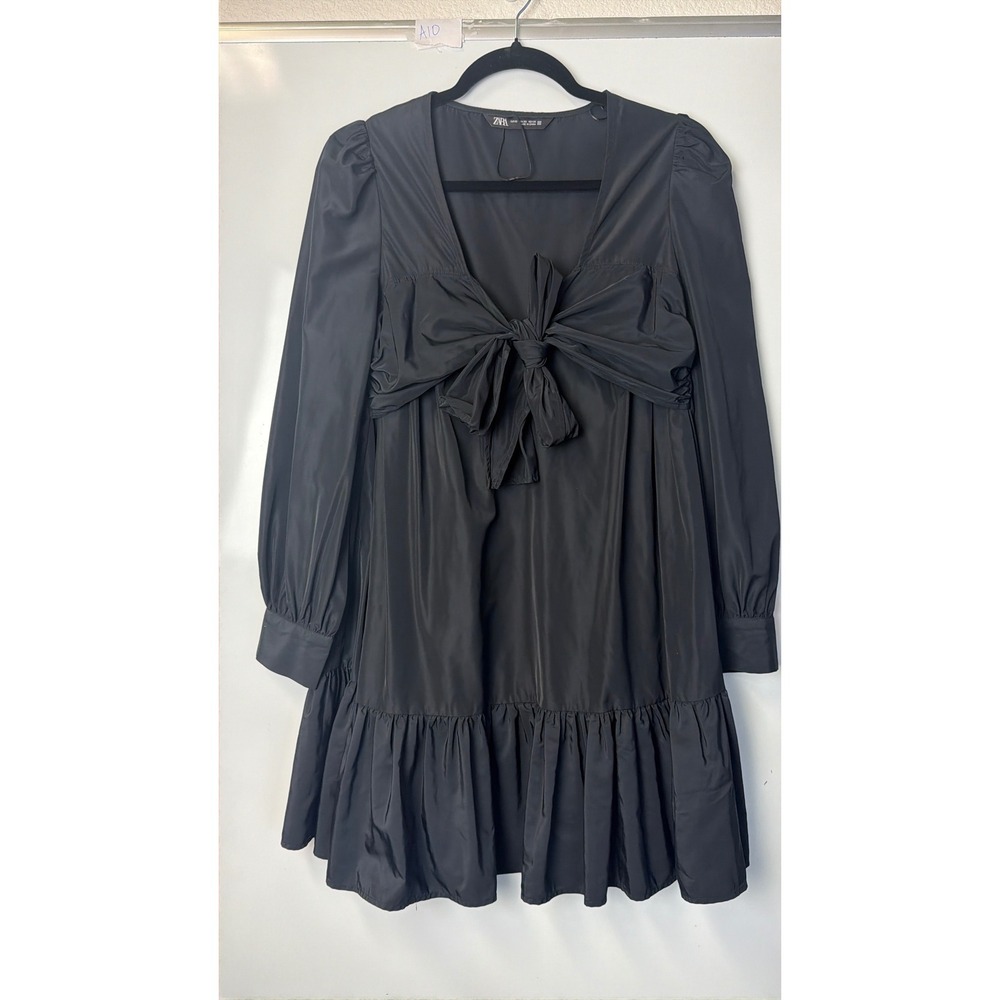 Zara Black Mini Dress Front Bow Puff Sleeve Tiered Ruffle Babydoll XS